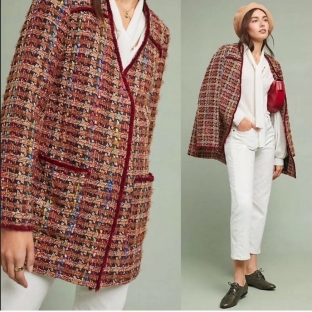 ANTHROPOLOGIE Ett:twa Harlequin Oversized Tweed Brown Burgundy Blazer Jacket